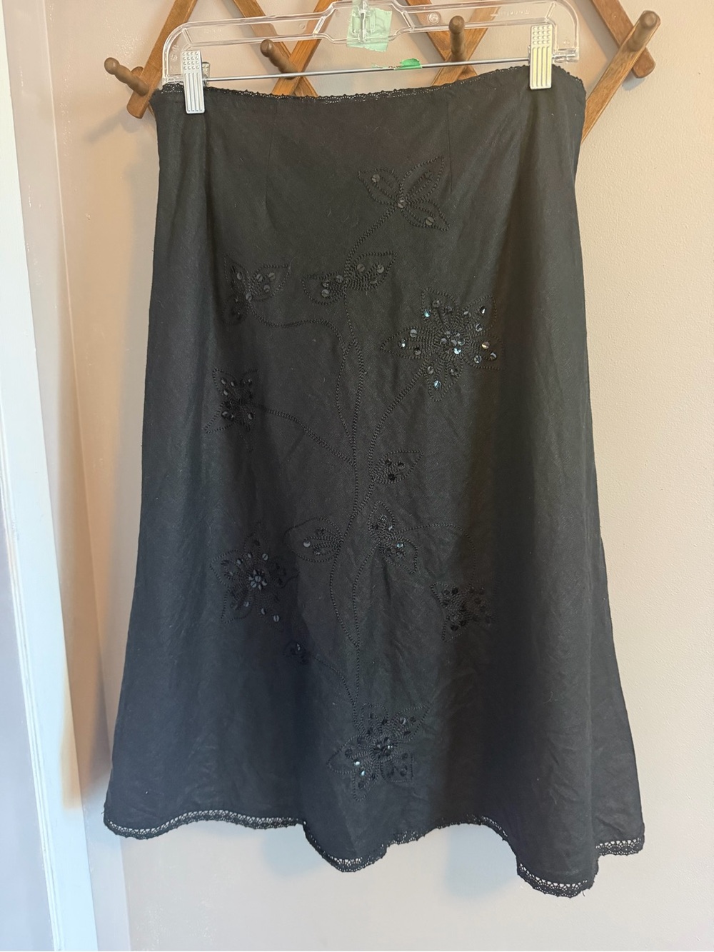 Malcolm & Co Sequin Embroidered Whimsigoth Linen Midi Skirt Black 12